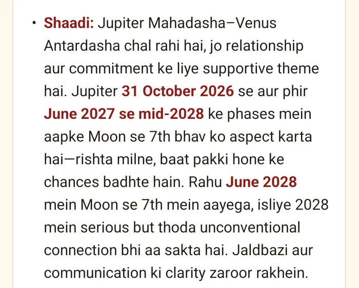 Part of a real answer: Jupiter Mahadasha–Venus Antardasha, transit dates in bold, and what they support.