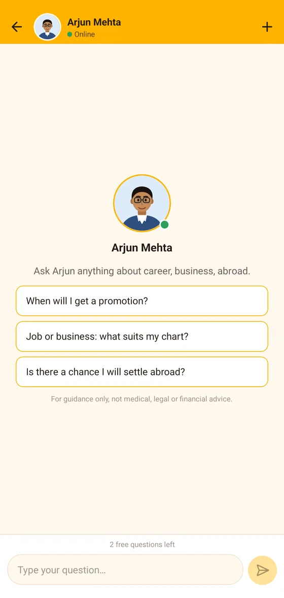 A chat ready for the first question, with suggested questions.