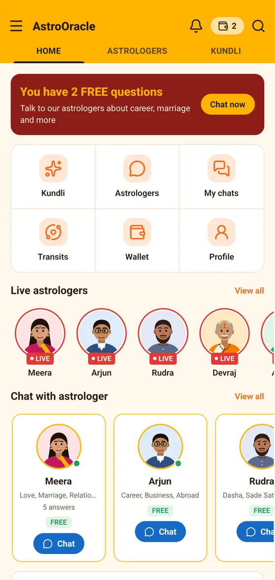 Home screen with free questions and astrologers.
