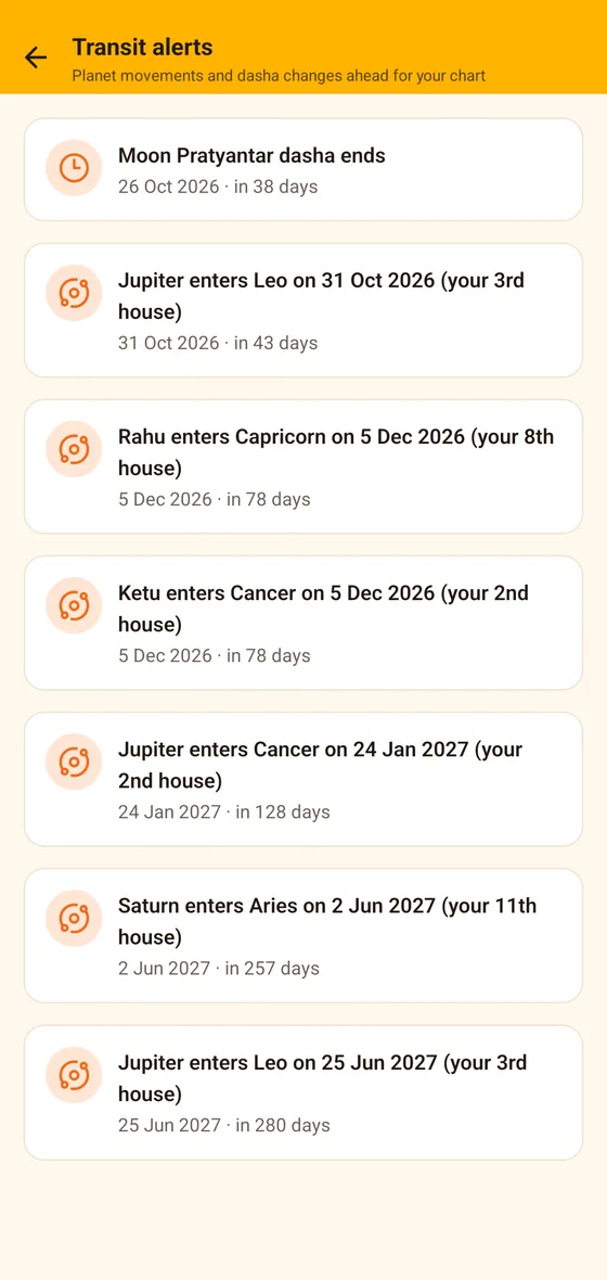 Transit alerts with dates and houses.